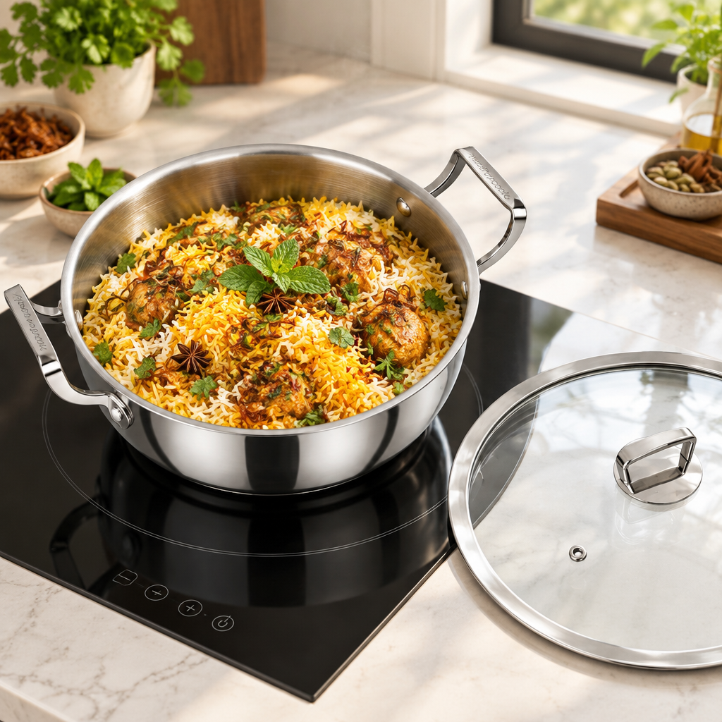 Lifestyle image of the biryani pot on an induction hob