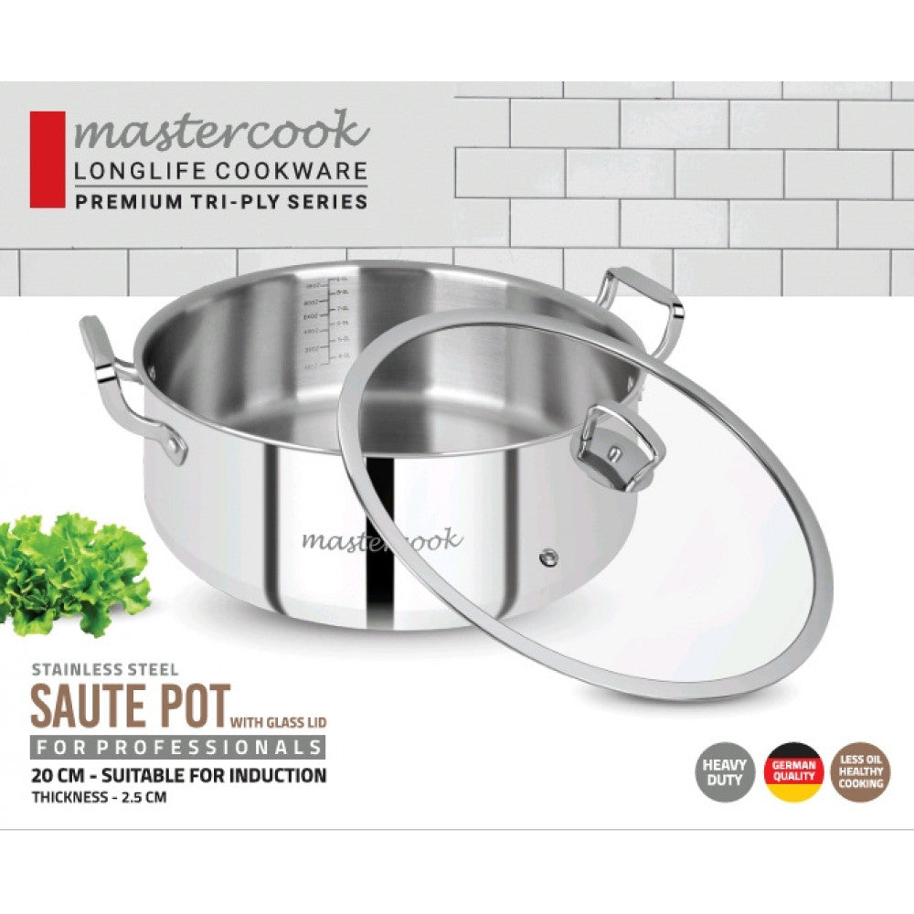 Mastercook Triply Stainless Steel Saute Pot With Glass Lid 20cm