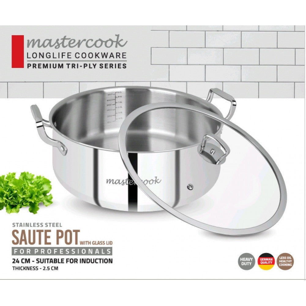 Mastercook Triply Stainless Steel Saute Pot With Glass Lid 24cm