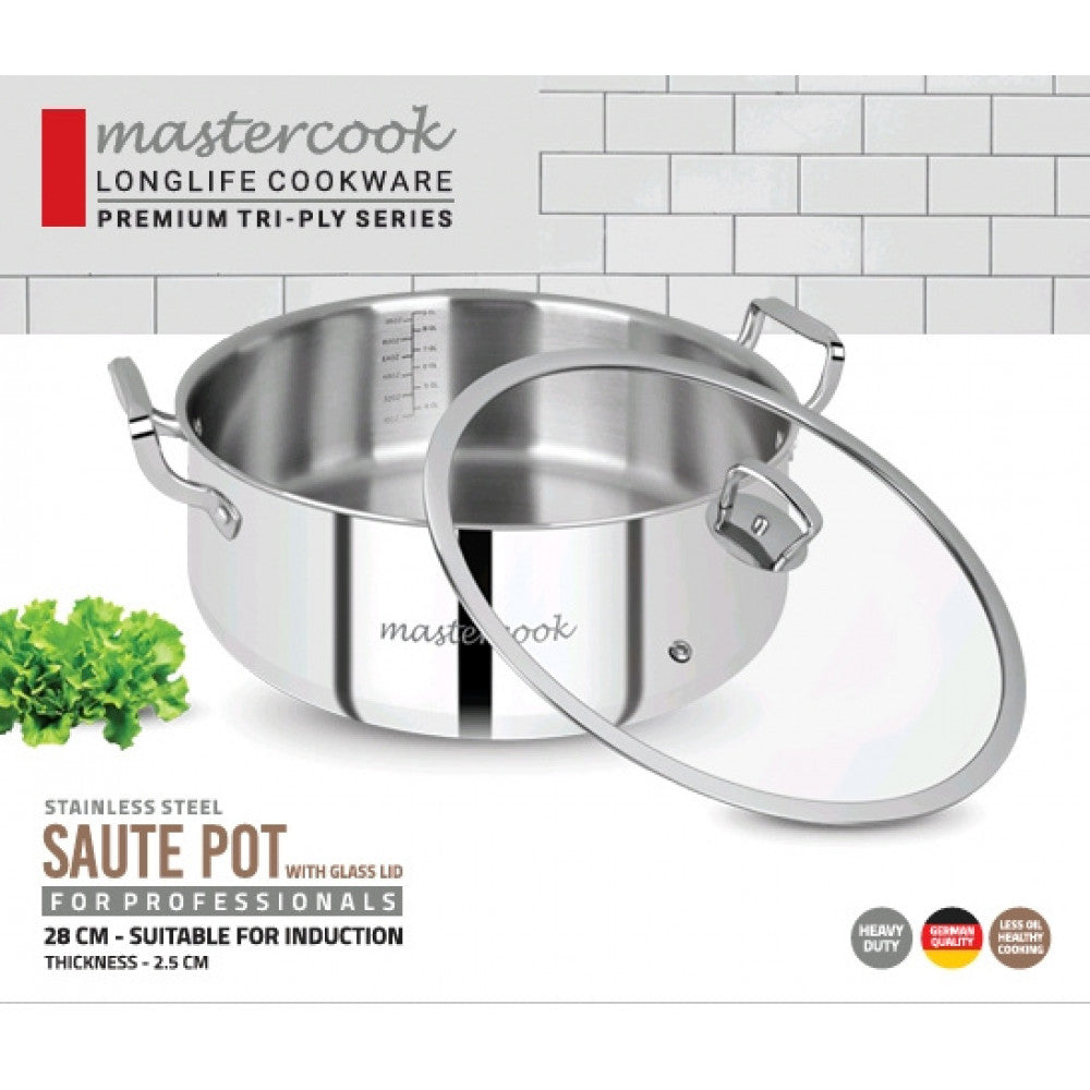 Mastercook Triply Stainless Steel Saute Pot With Glass Lid 28cm
