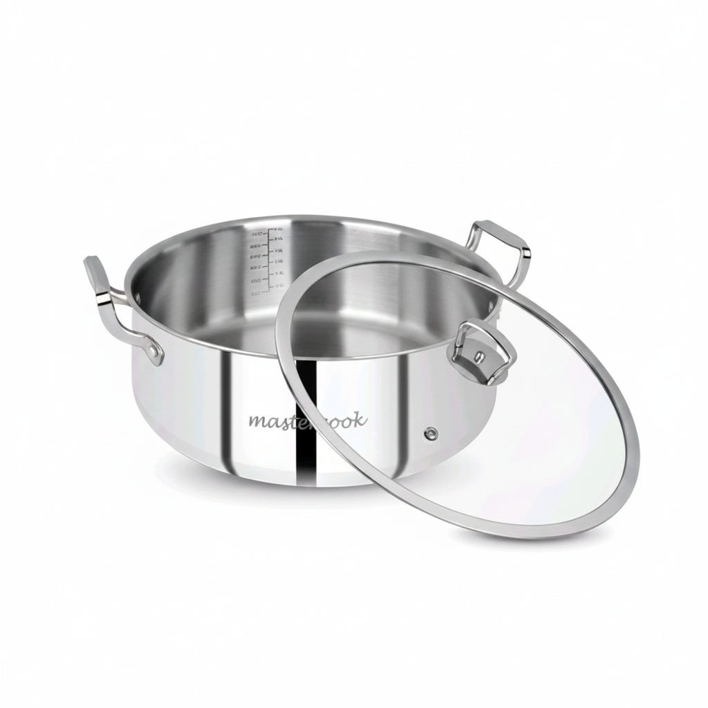 Mastercook 28cm Triply Stainless Steel Saute Pot with Glass Lid