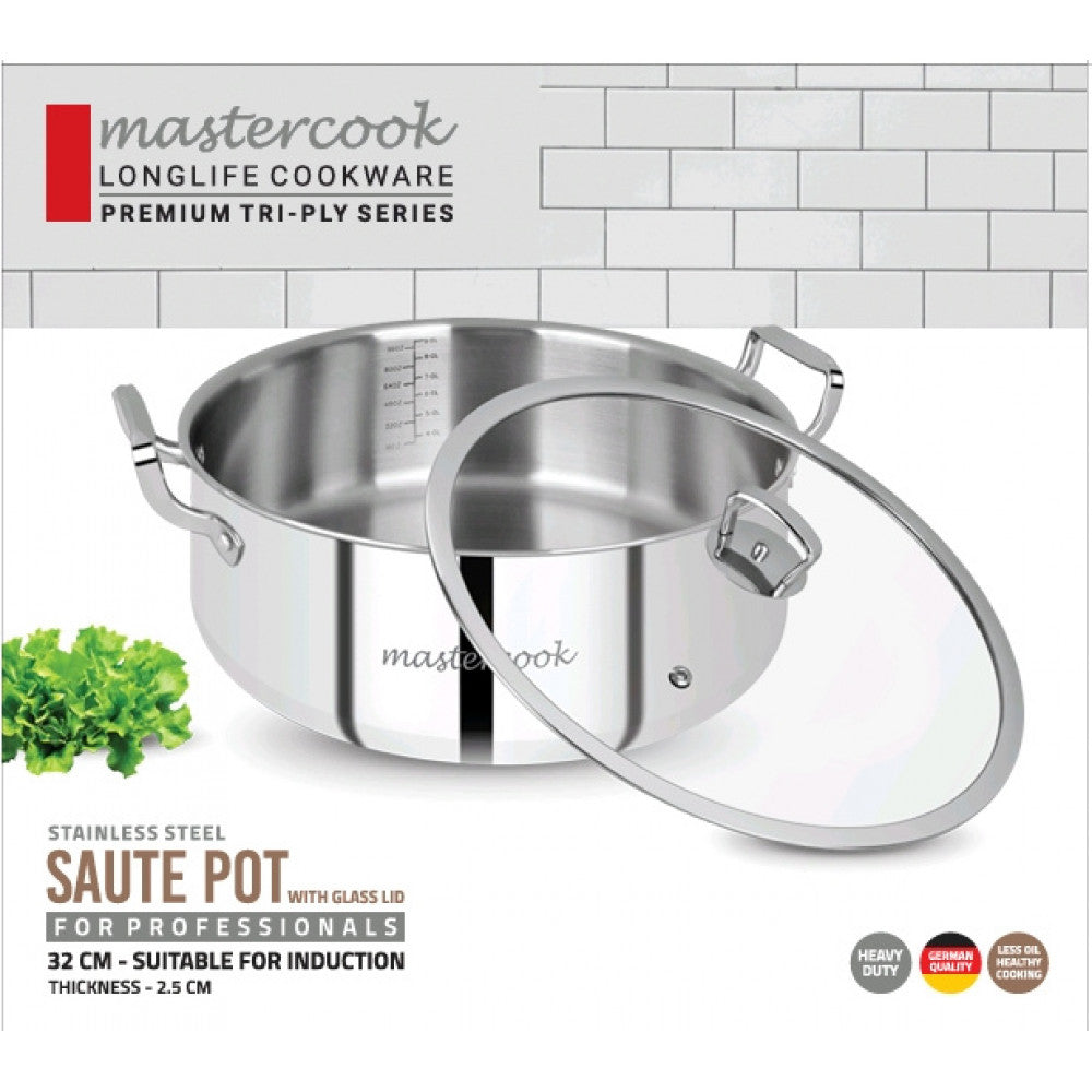 Mastercook Triply Stainless Steel Saute Pot With Glass Lid 32cm
