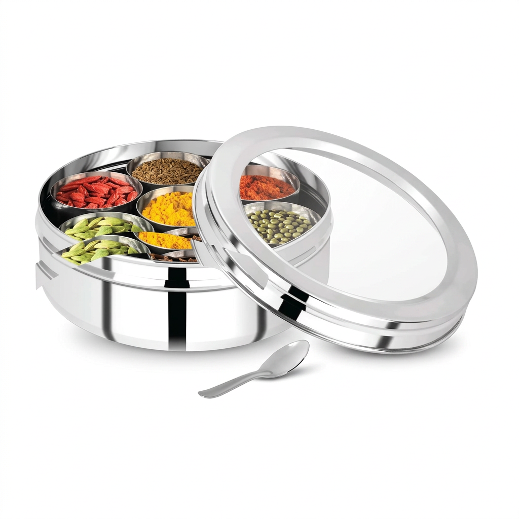 Stainless Steel Masala Dabba 18cm Spice Box with See-Through Lid