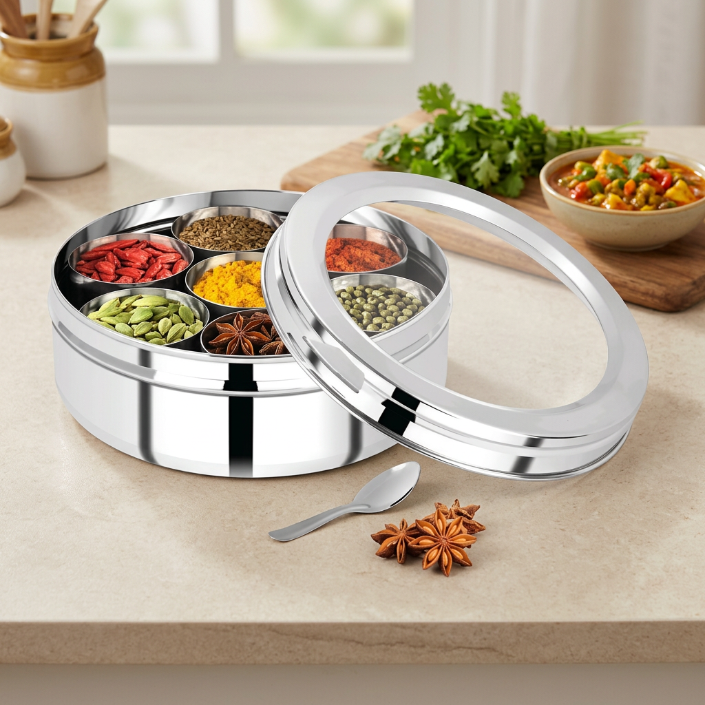 A round stainless steel spice box with a glass lid, shown open on a kitchen counter with various spices in small compartments, a spoon, and star anise in the foreground.