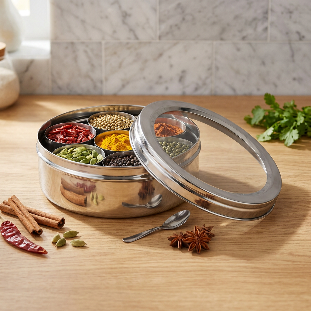A stainless steel multi-compartment spice box with its lid propped open, filled with various spices and seeds, set on a wooden table with whole spices and herbs nearby.