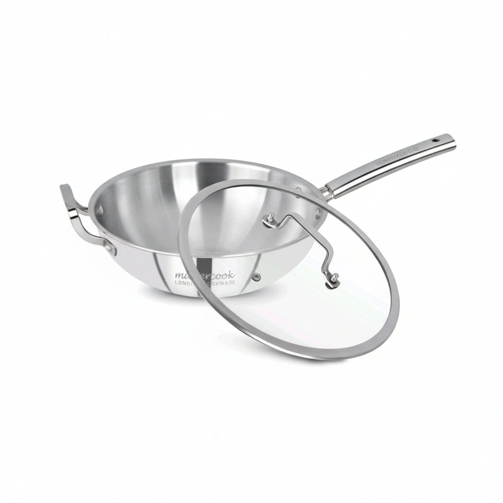 Mastercook Triply Stainless Steel Wok with Glass Lid 26cm