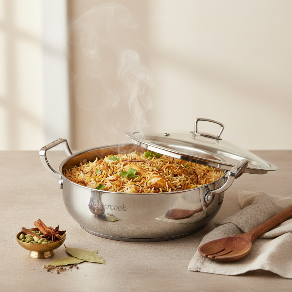Mastercook 20cm Tri-Ply Stainless Steel Biryani Pot with Glass Lid