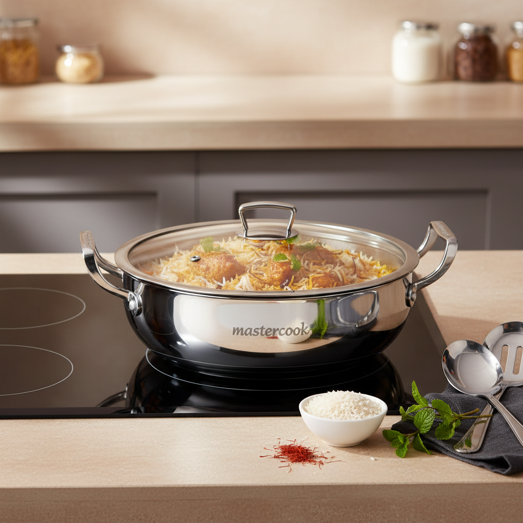Mastercook 32cm Triply Stainless Steel Biryani Pot Glass Lid 