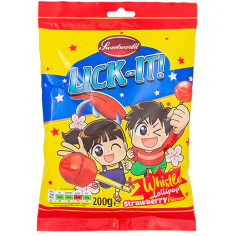 Sweetworld Lick-it! Whistle Lollipop Strawberry Flavour Halal 200g