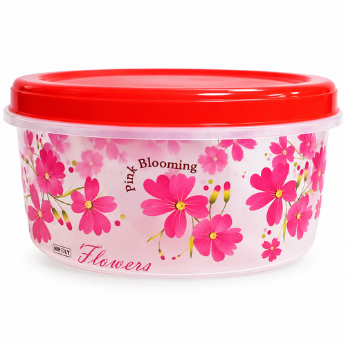 3L Round Floral Food Storage Container with Red Lid