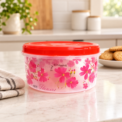 3L Round Floral Food Storage Container with Red Lid