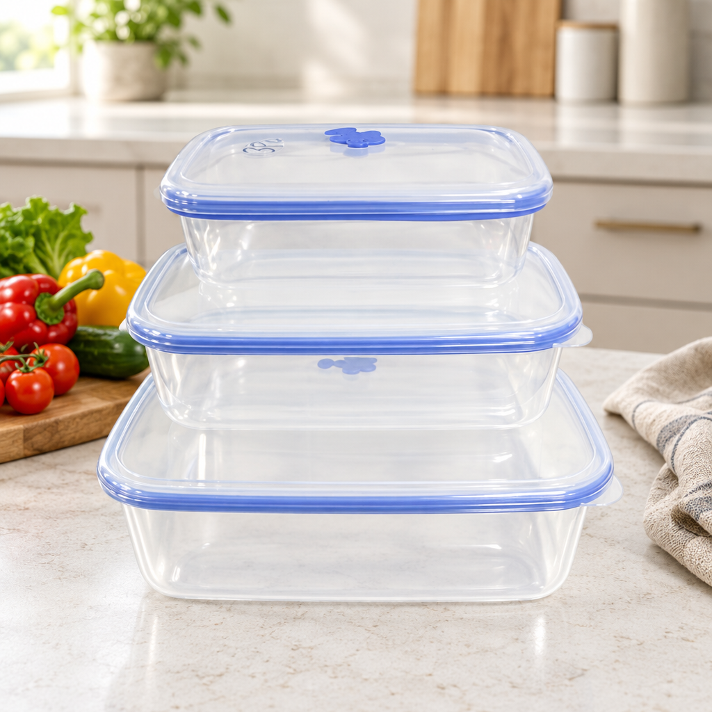 3 Piece Rectangular Food Storage Container Set 1.1L, 2.2L & 3.8L