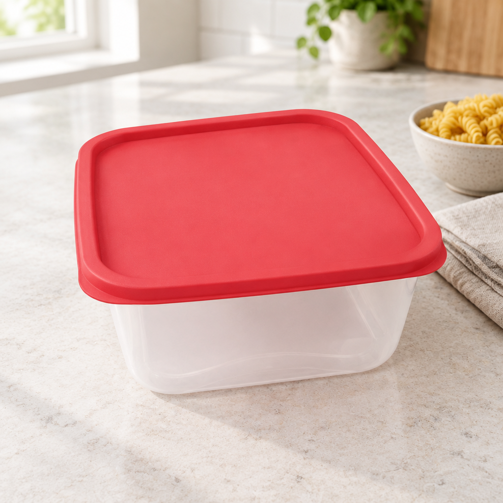 Large Square Plastic Food Storage Container with Red Lid 5.35L