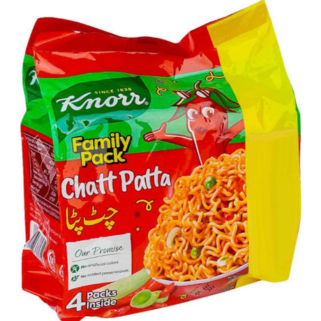 Knorr Chatt Patta Noodles Family Pack – red-green-yellow packaging showing a bowl of spicy instant noodles, 4 packs inside, Now £2.99