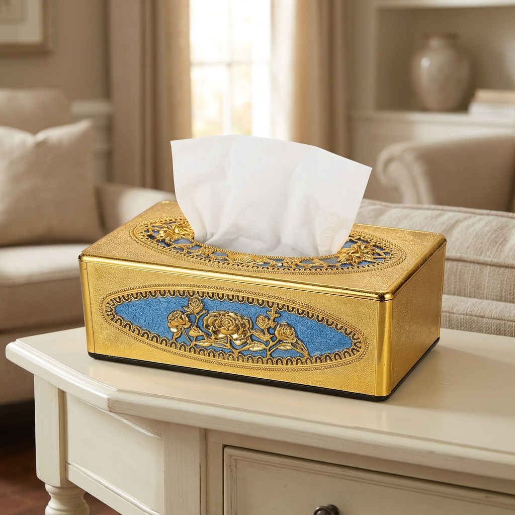 A decorative gold tissue box cover with blue floral detailing sits on a white side table in a softly lit living room setting.
