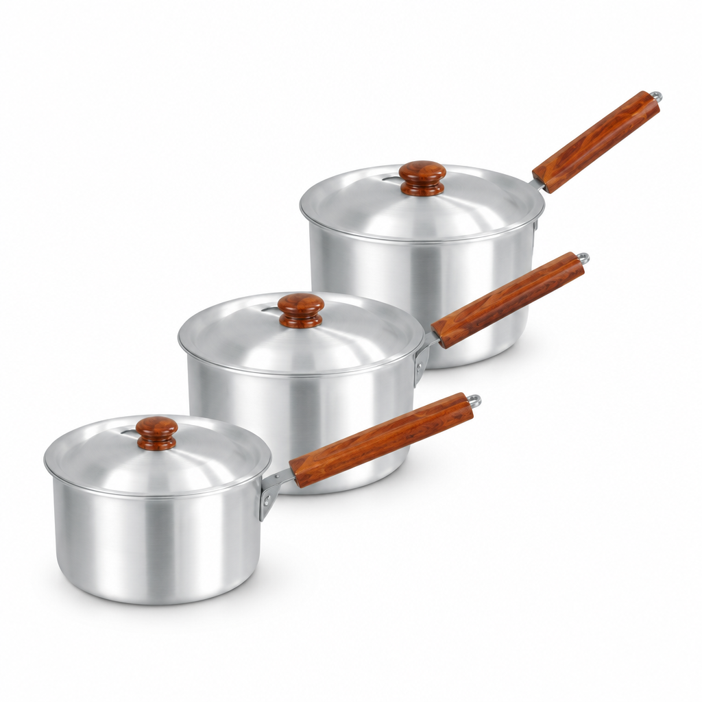 Mastercook Aluminium Saucepan with Lid & Wooden Handle – 18cm, 20cm, 22cm