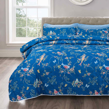 Birds Floral Bedspread | Navy
