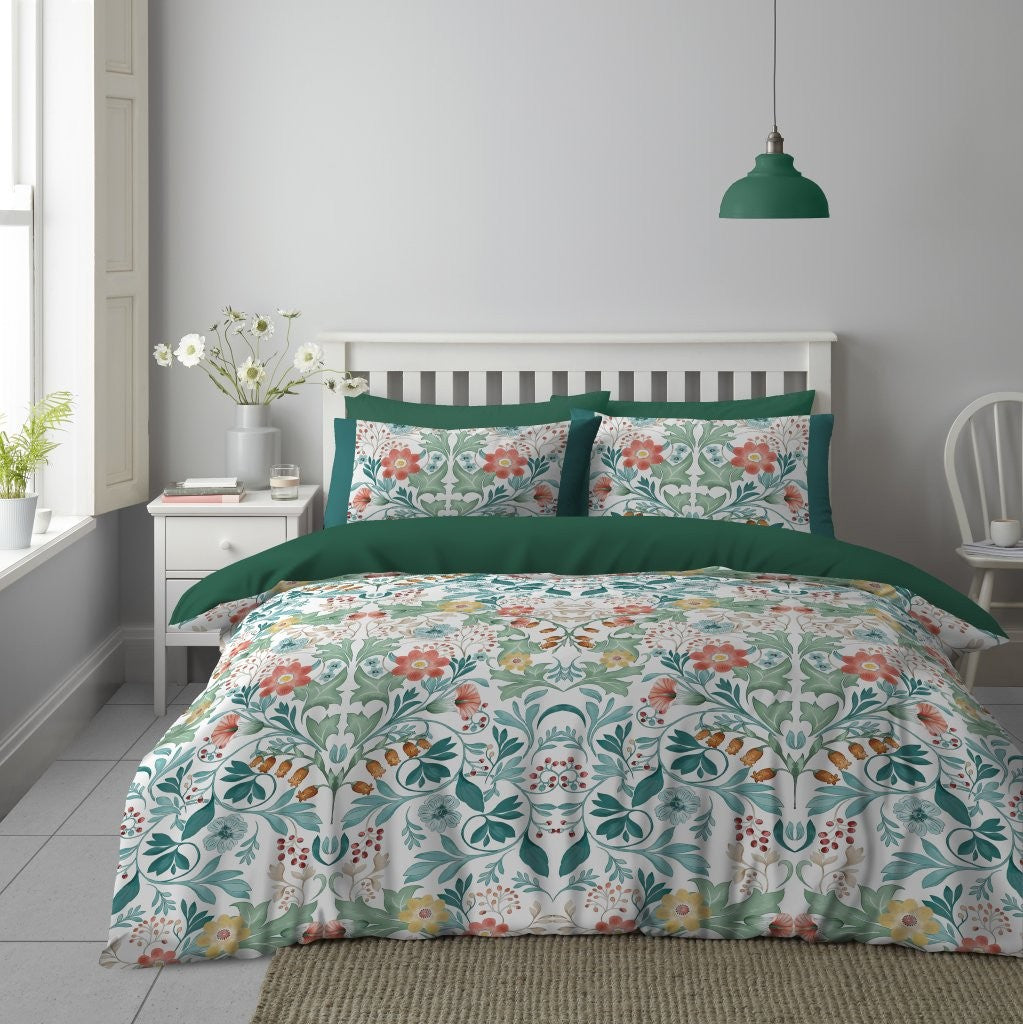 Nest and Rest Flossy Floral Damask Duvet Set Double Green Coral Reversible