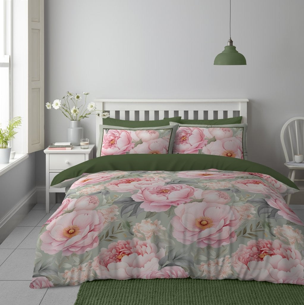 Bella Flora Hazel Green Microfibre Duvet Cover Set King
