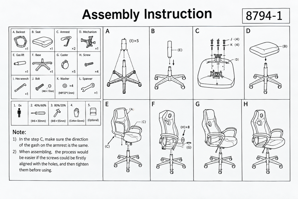 Straightened assembly instruction sheet for the flag design high-back office chair