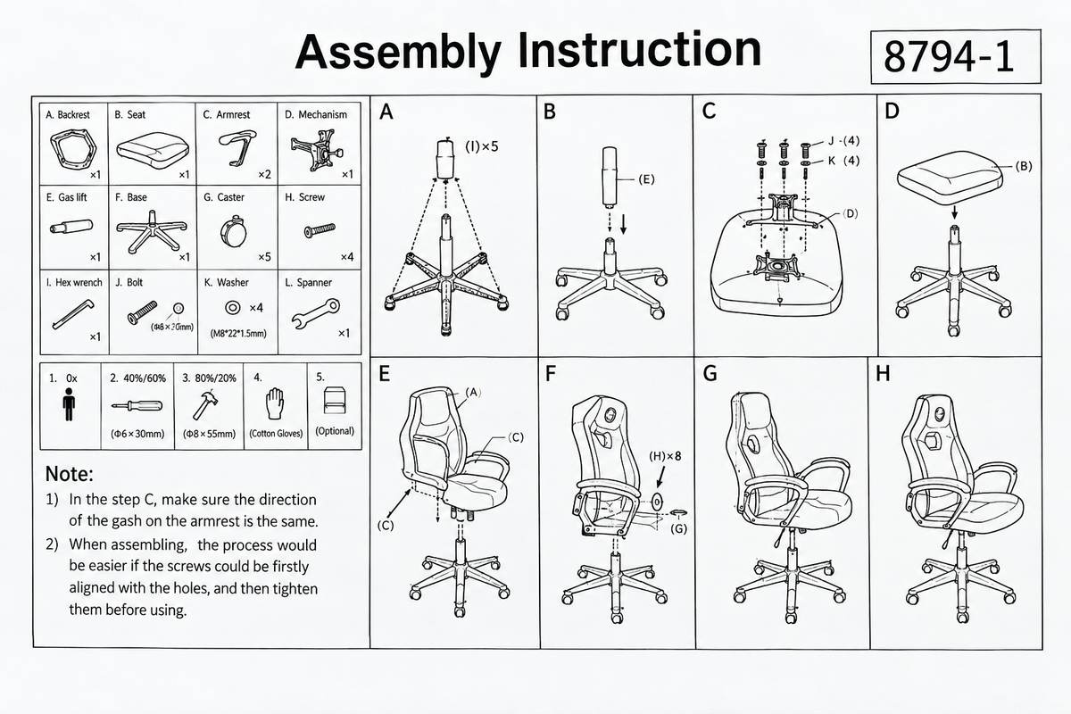 Straightened assembly instruction sheet for the flag design high-back office chair