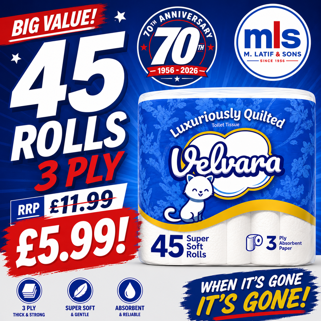 Velvara Luxury 3-Ply Toilet Paper – 45 Roll Bulk Pack (5 x 9) Soft, Strong & Highly Absorbent