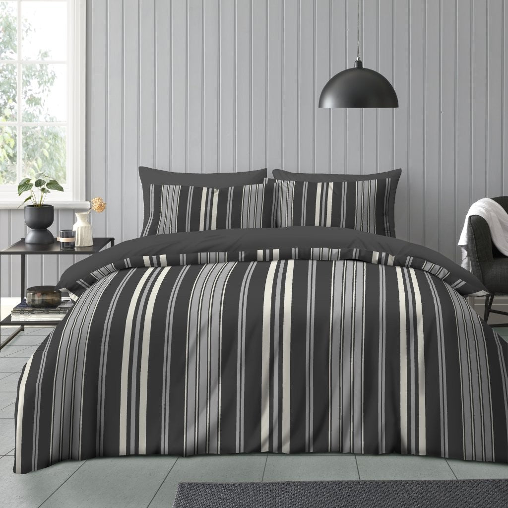 Nest and Rest Junie Stripe Duvet Set Double Charcoal Grey Reversible