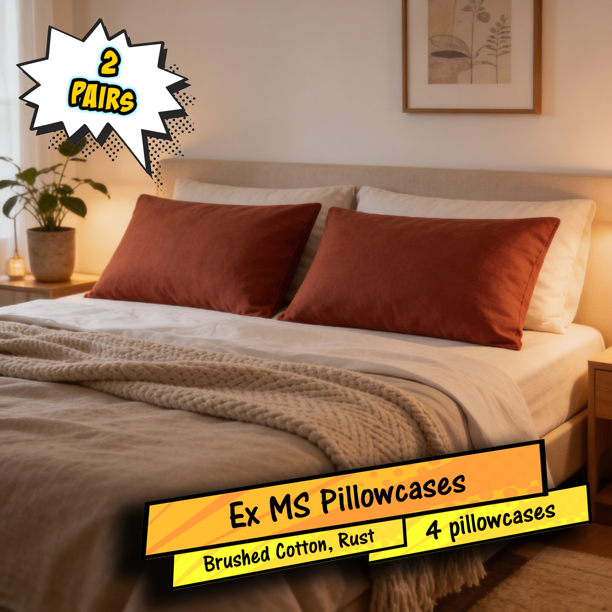 Ex MS (Major Store) Brushed Cotton Rust Pillowcases 2 x 2 Pack
