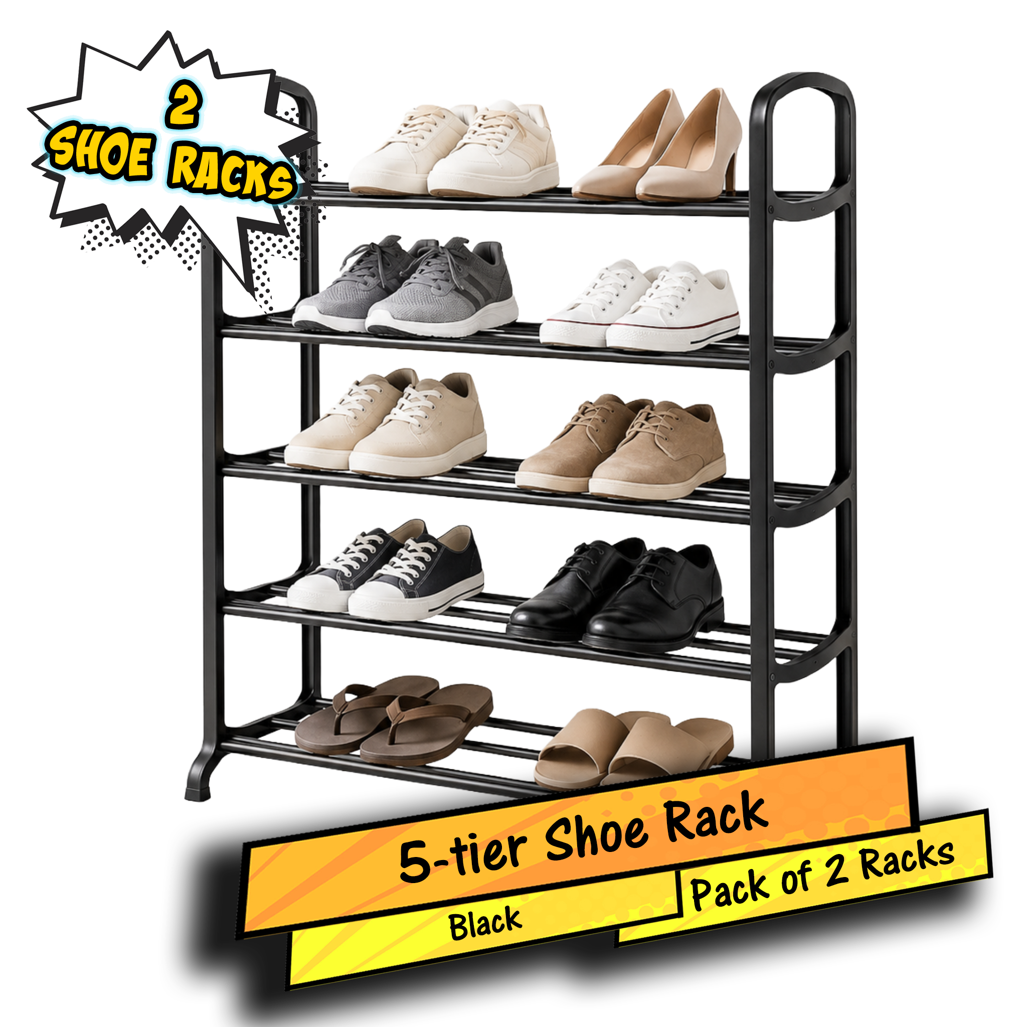 5 Tier Shoe Rack Black 2 Pack