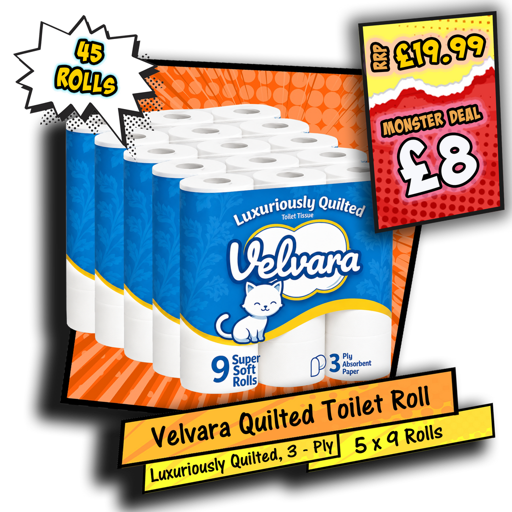 Velvara 3-Ply Luxuriously Quilted Super Soft Absorbent Toilet Rolls 45 Pack (5 x 9 Rolls)