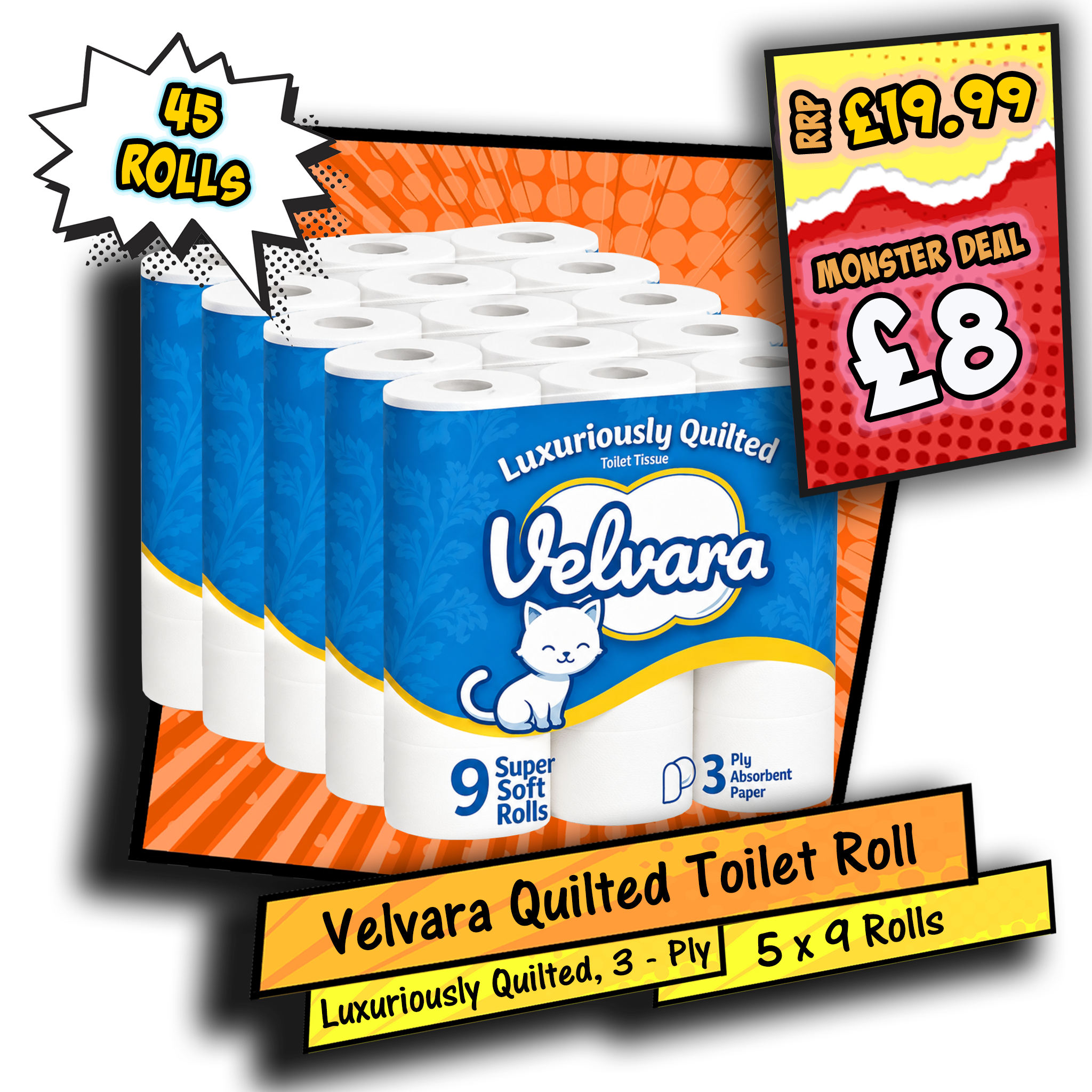 Velvara 3-Ply Luxuriously Quilted Super Soft Absorbent Toilet Rolls 45 Pack (5 x 9 Rolls)
