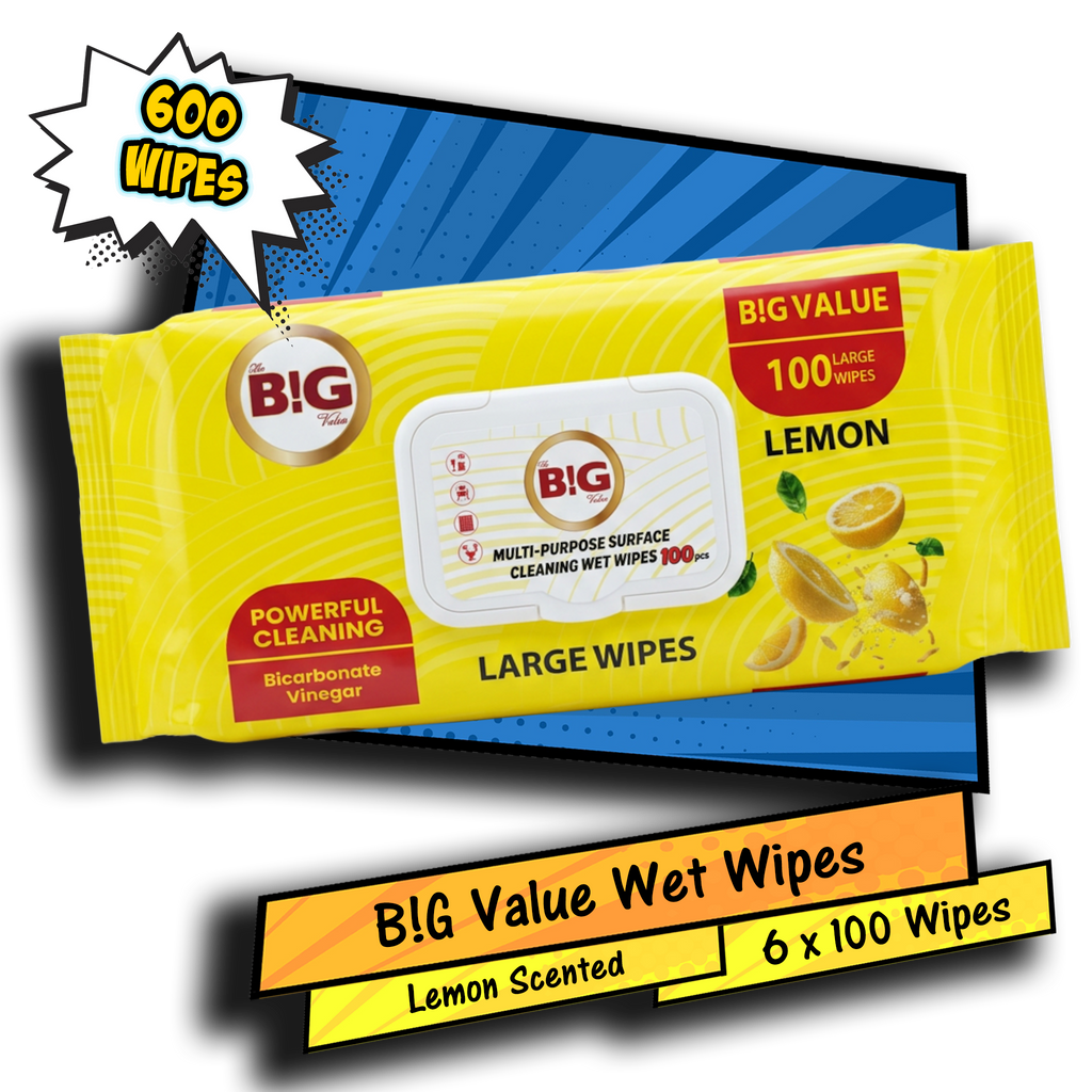 The Big Value Multi Purpose Lemon Scented Surface Cleaning Large Wet Wipes 6 x 100 Pack