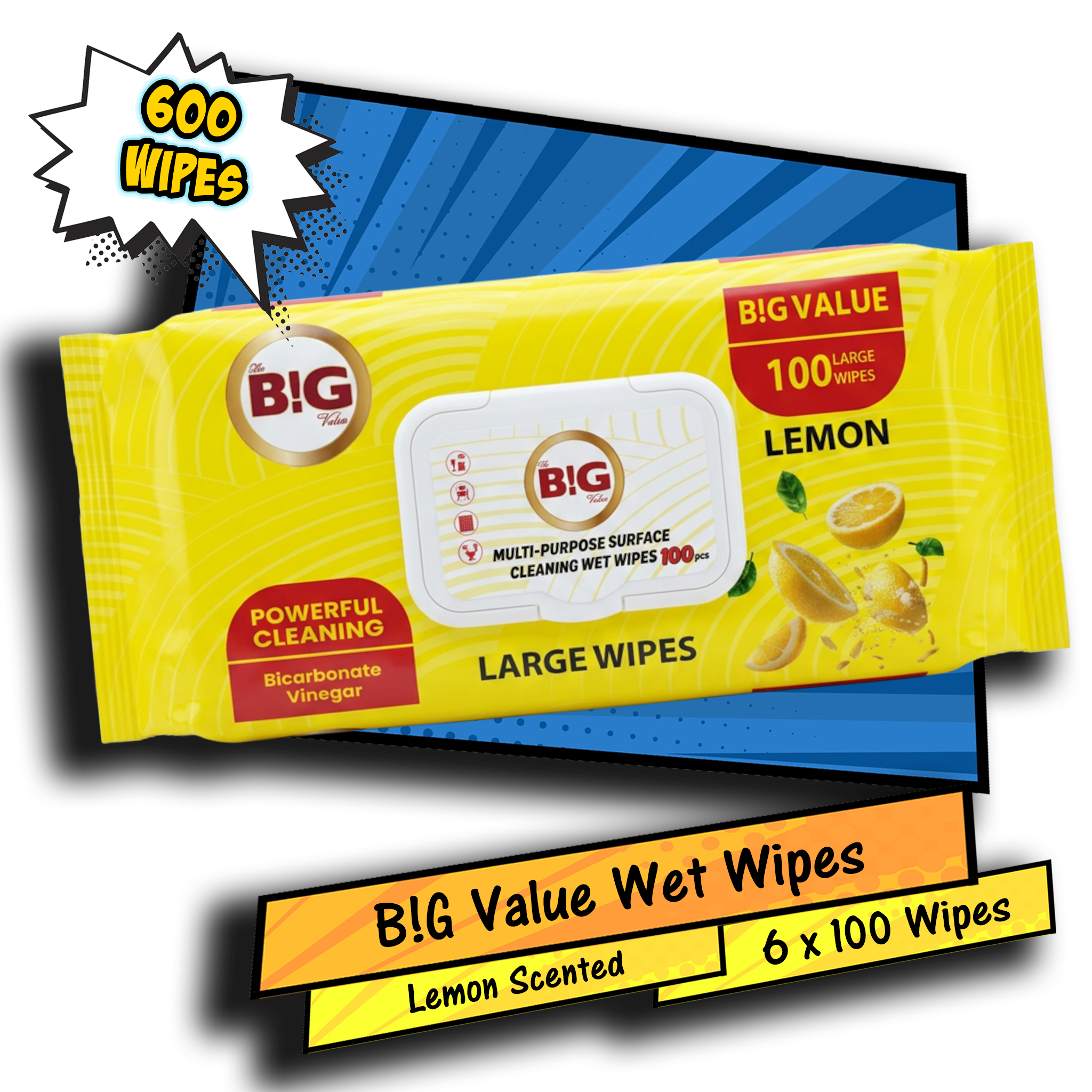 The Big Value Multi Purpose Lemon Scented Surface Cleaning Large Wet Wipes 6 x 100 Pack