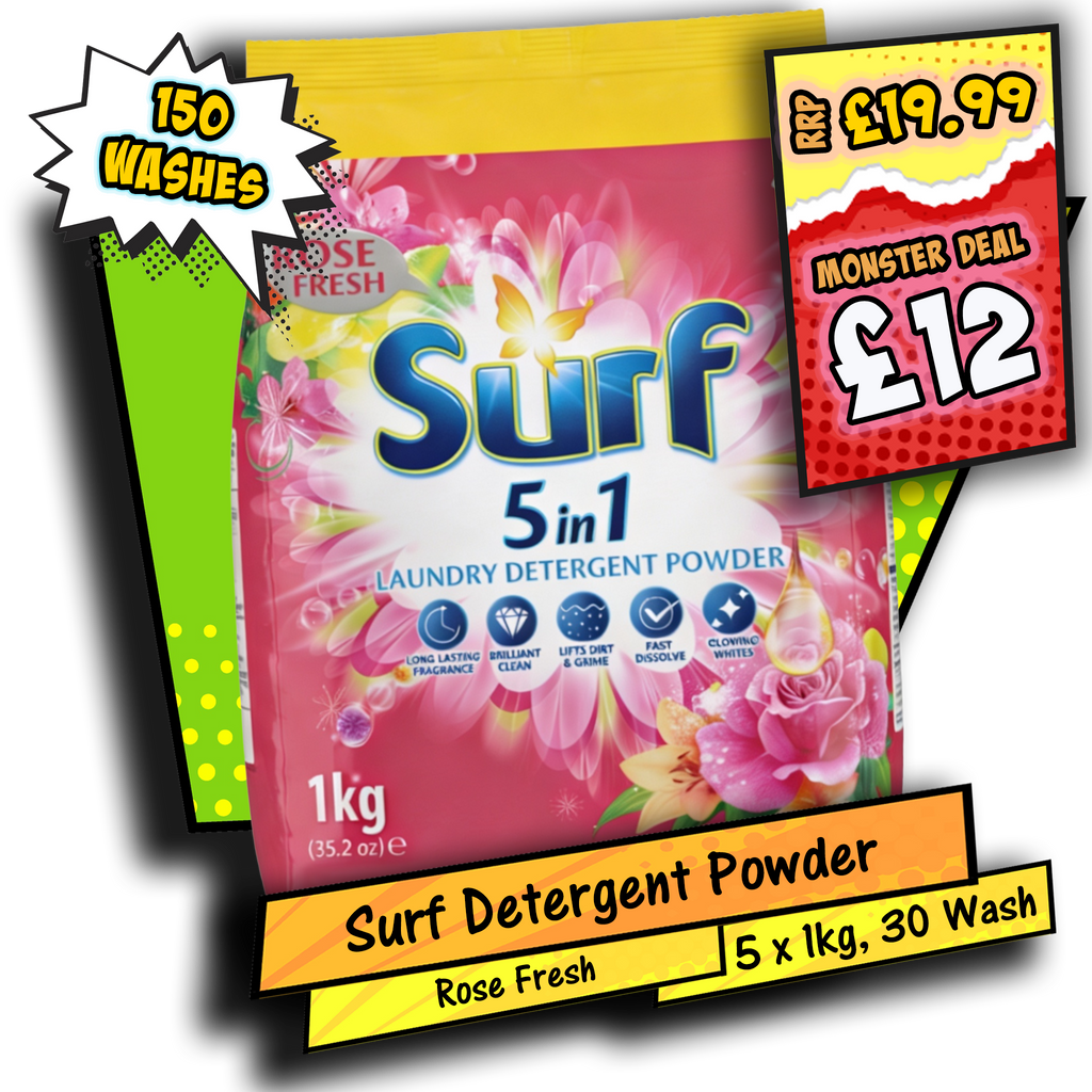 Surf 5-in-1 Laundry Detergent Powder Rose Fresh 5 x 1kg (30 Washes per Pack)