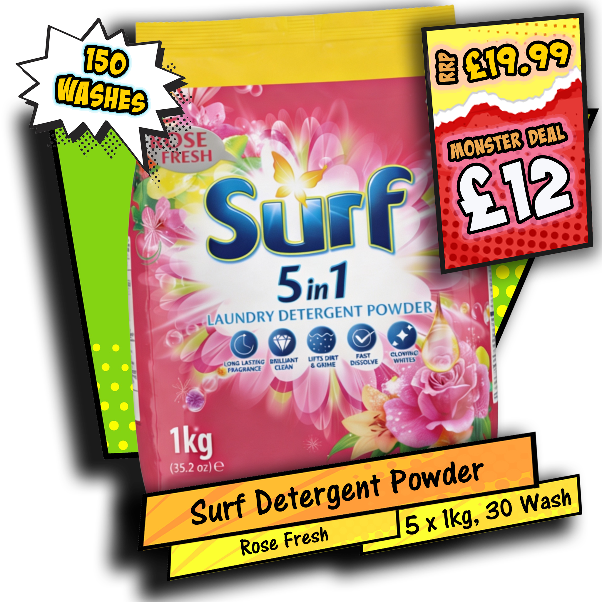 Surf 5-in-1 Laundry Detergent Powder Rose Fresh 5 x 1kg (30 Washes per Pack)