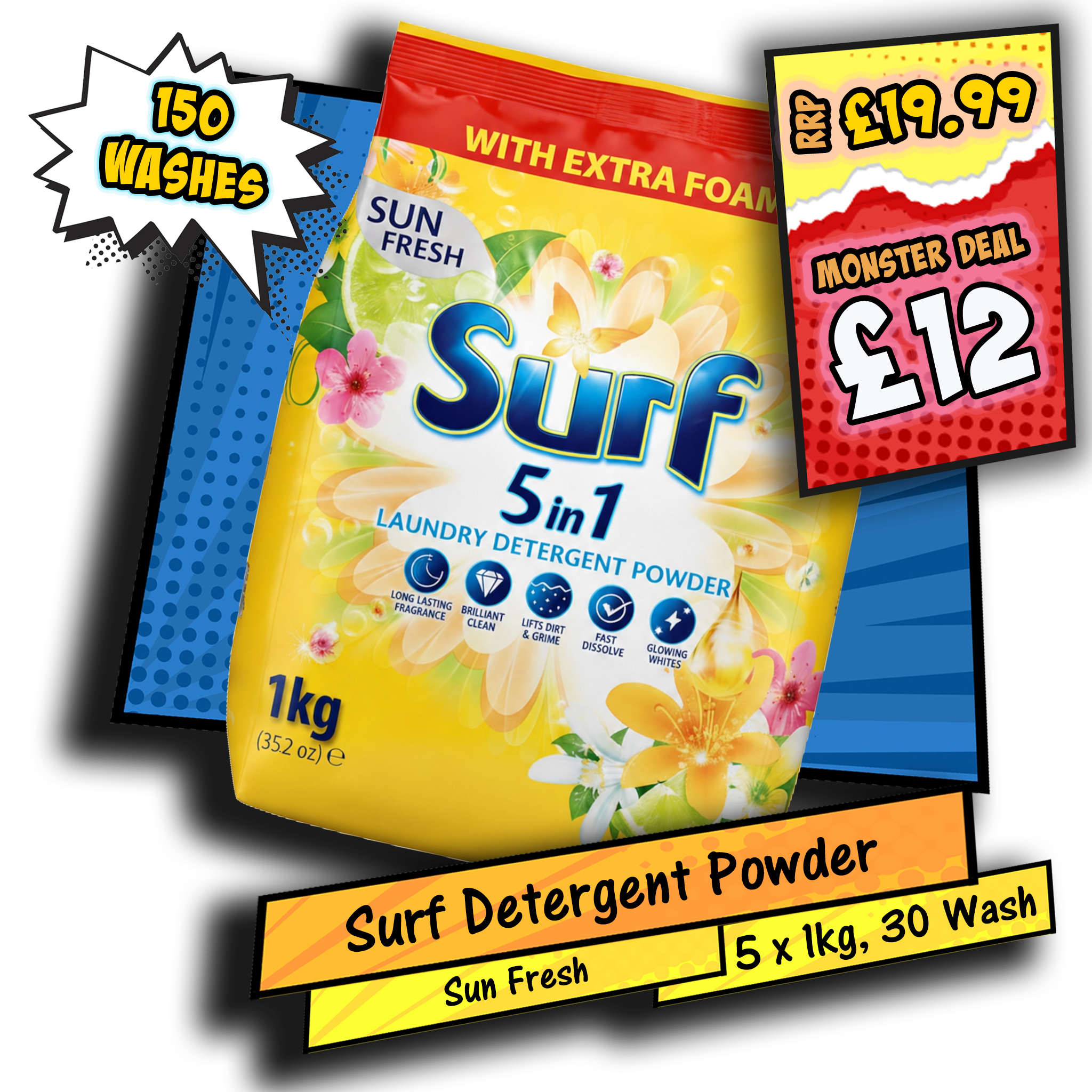 Surf 5-in-1 Laundry Detergent Powder Sun Fresh 5 x 1kg (30 Washes per Pack)