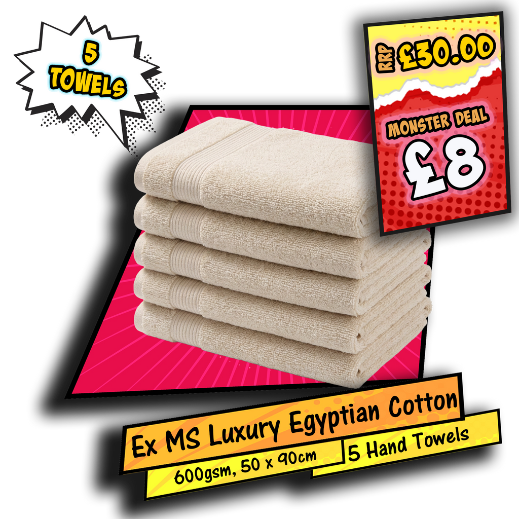 Ex MS (Major Store) Luxury Egyptian Cotton Hand Towels 600gsm Stone 50x90cm 5 Pack