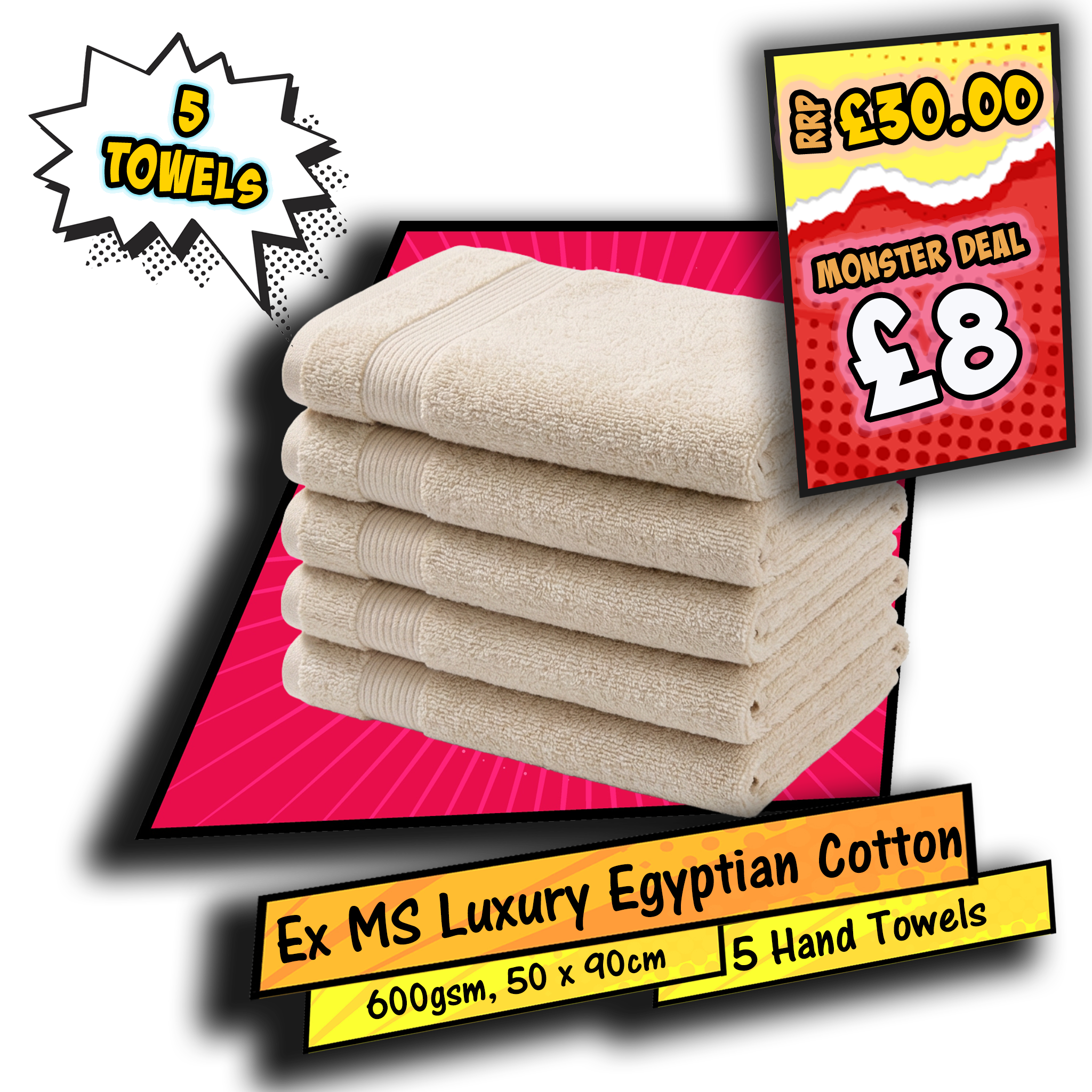 Ex MS (Major Store) Luxury Egyptian Cotton Hand Towels 600gsm Stone 50x90cm 5 Pack