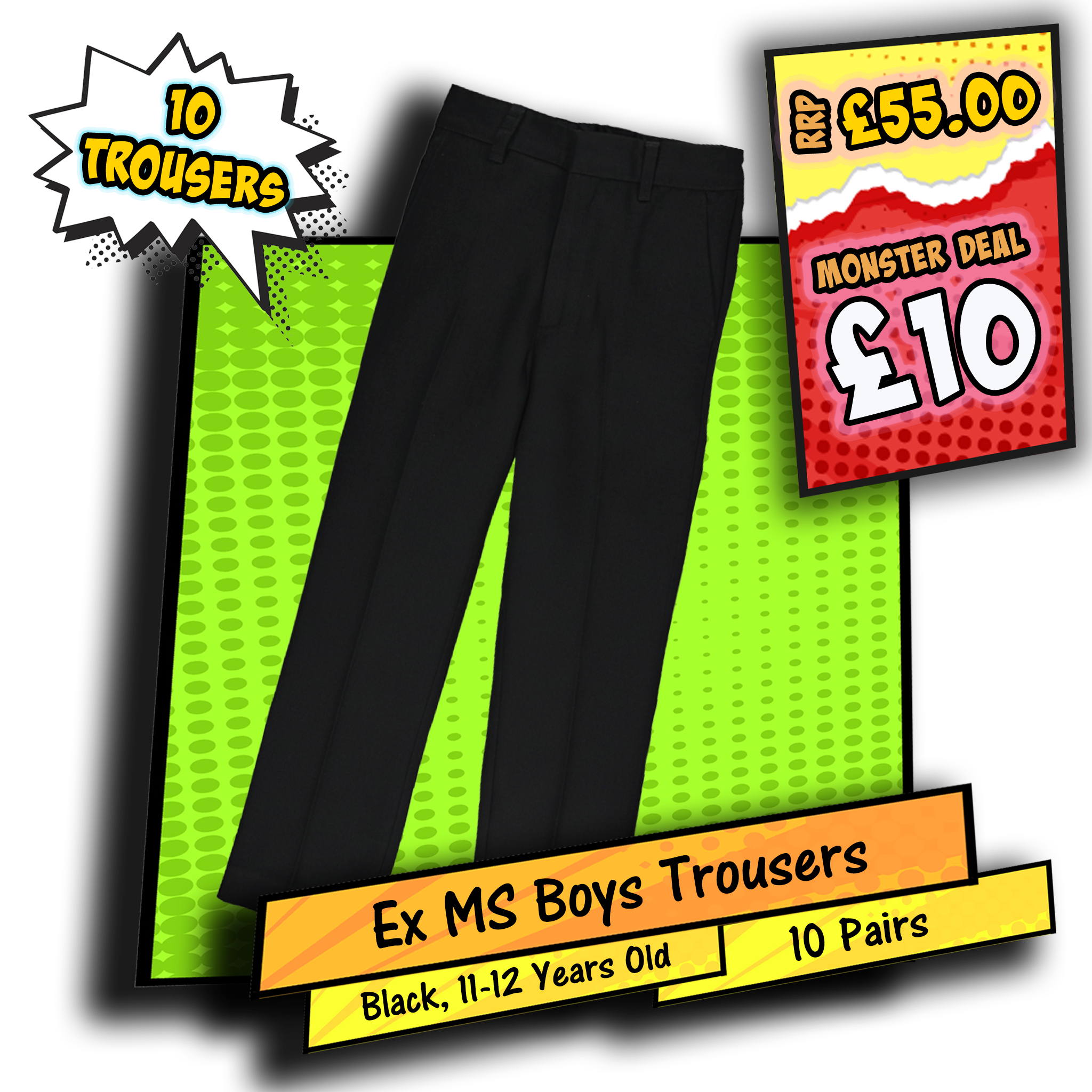Boys Slim Fit School Trousers 11-12 Years Black 10 Pack