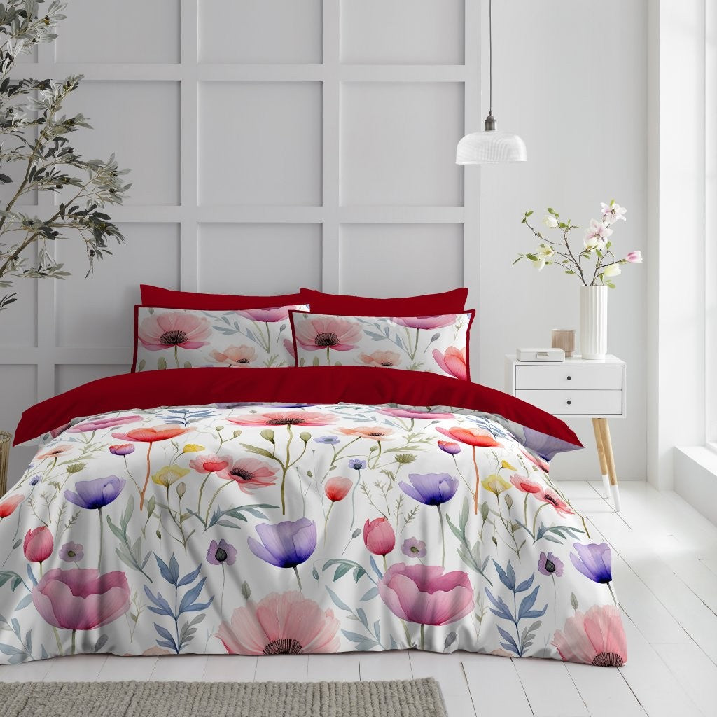 Nest and Rest Lola Floral Duvet Set Double White Red Reversible