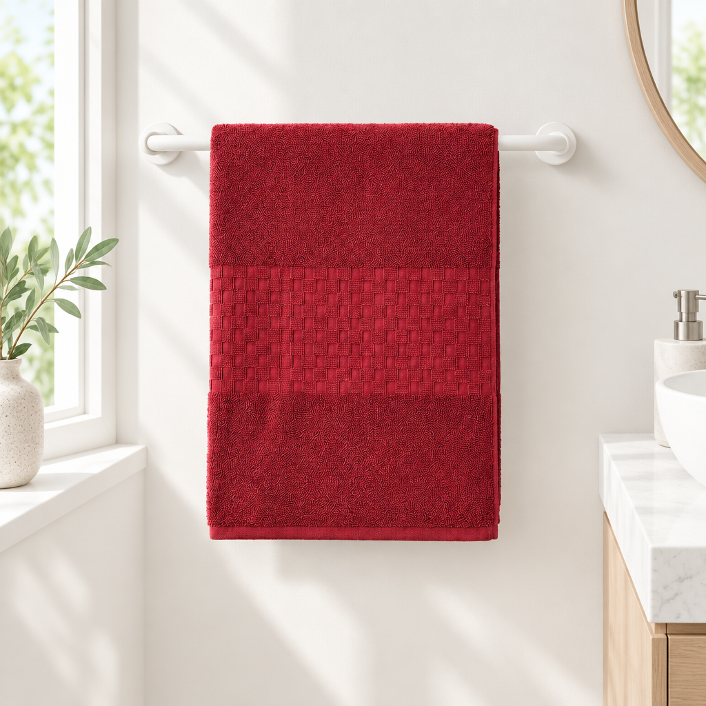Crimson Red bath sheet on a towel rail