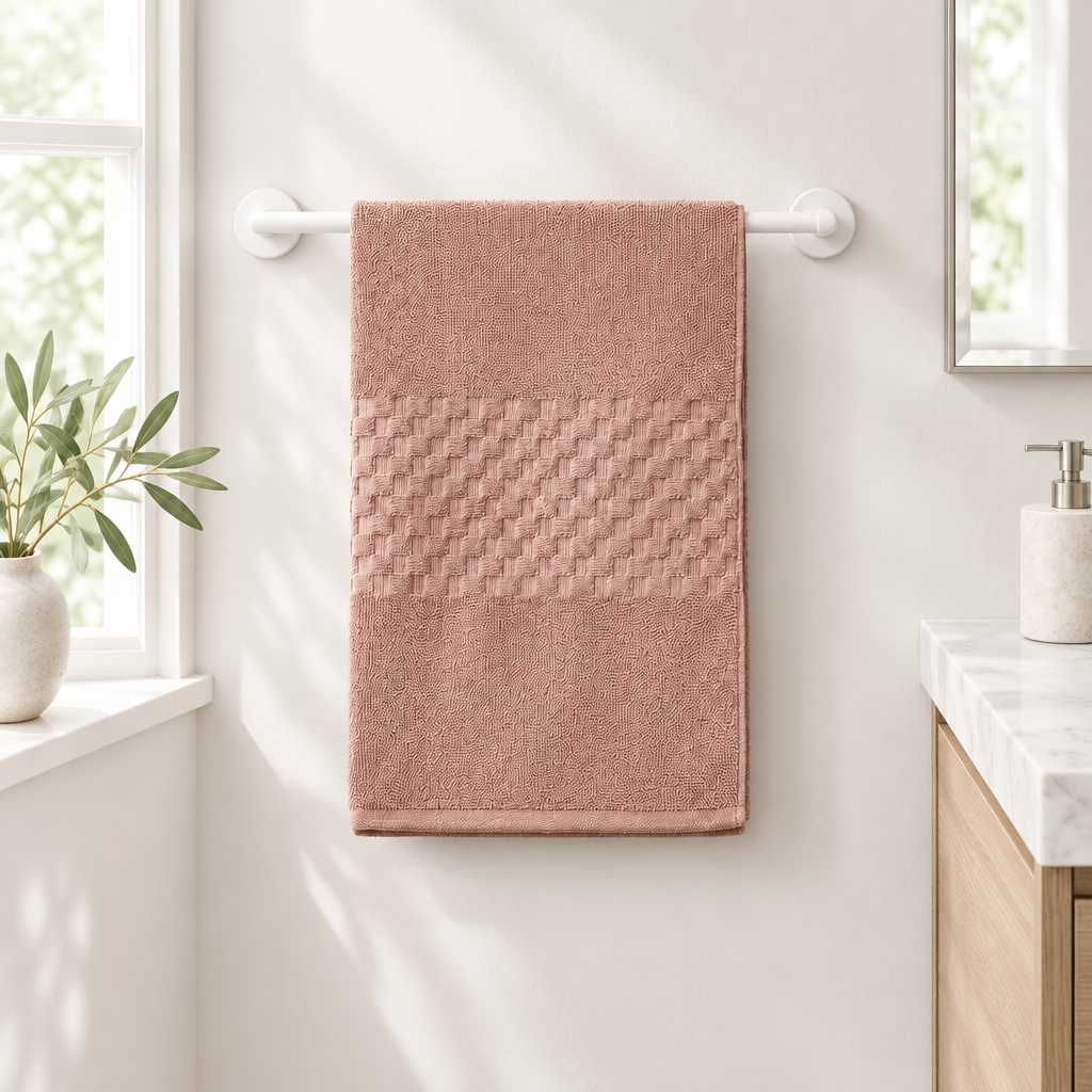 Dusty Rose bath sheet on a towel rail