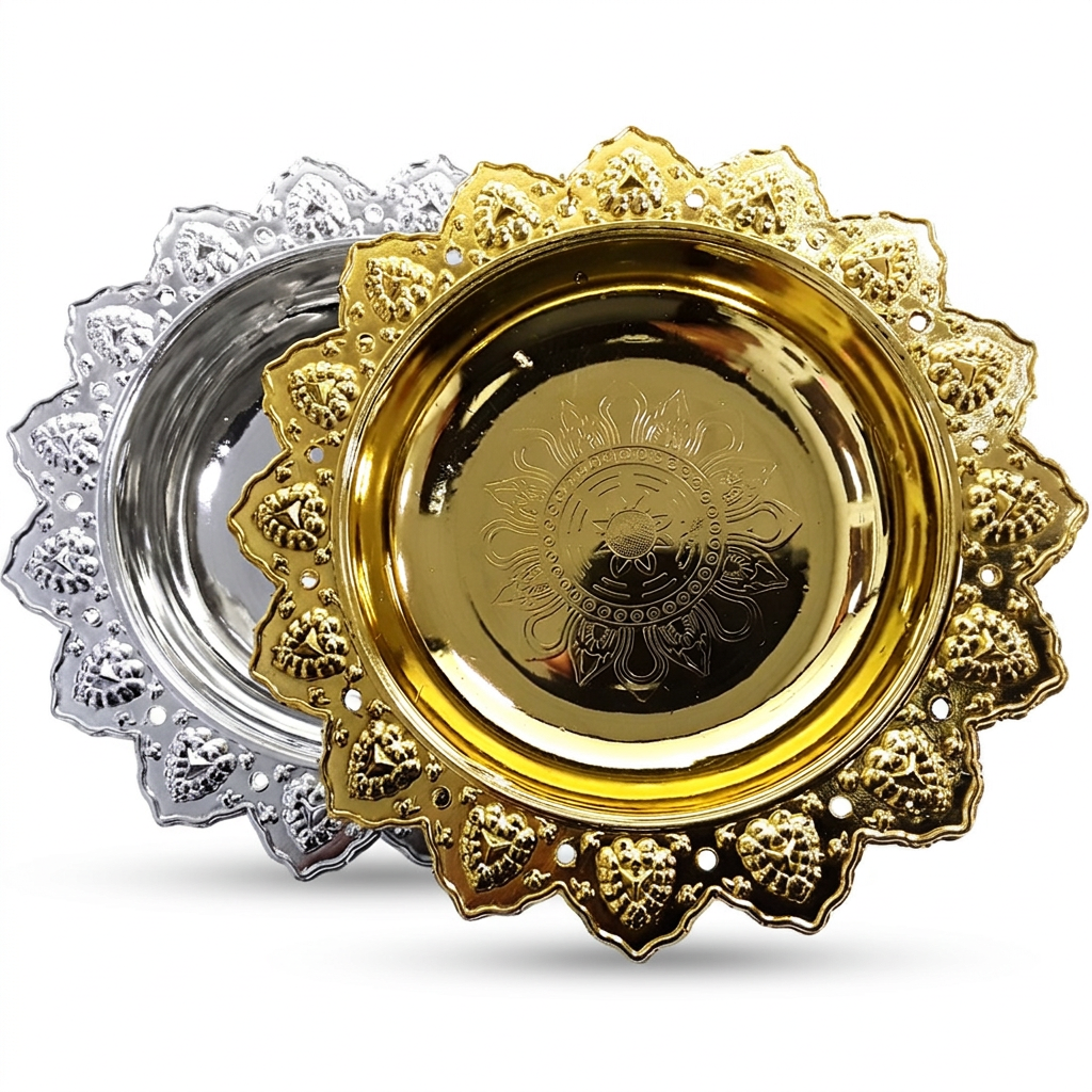 Gold and silver flower dishes on a clean white background