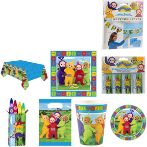 Teletubbies party bundle with plates, cups, napkins, loot bags, banner, table cover and foil balloon