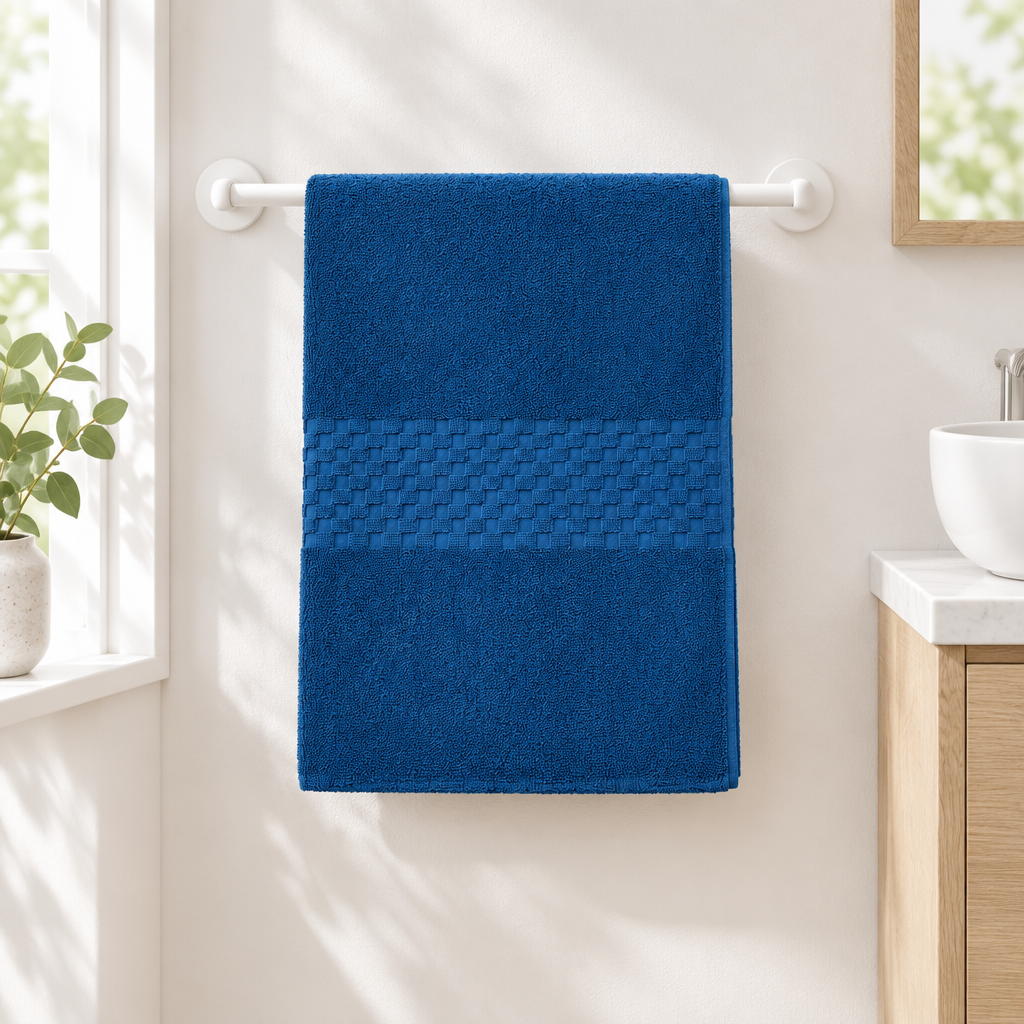Royal Blue bath sheet on a towel rail