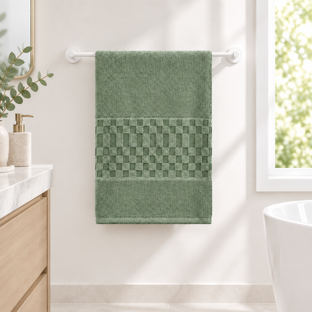 Sage Green bath sheet on a towel rail