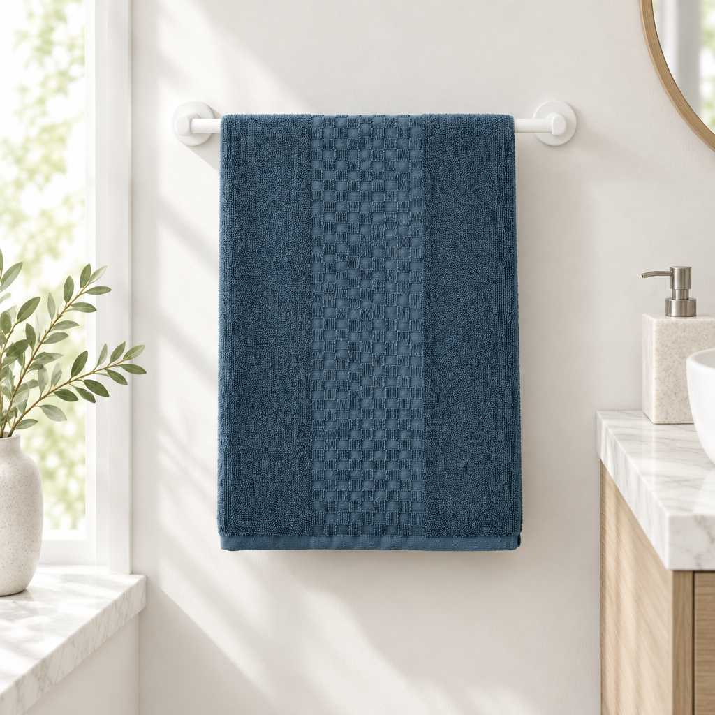 Slate Blue bath sheet on a towel rail