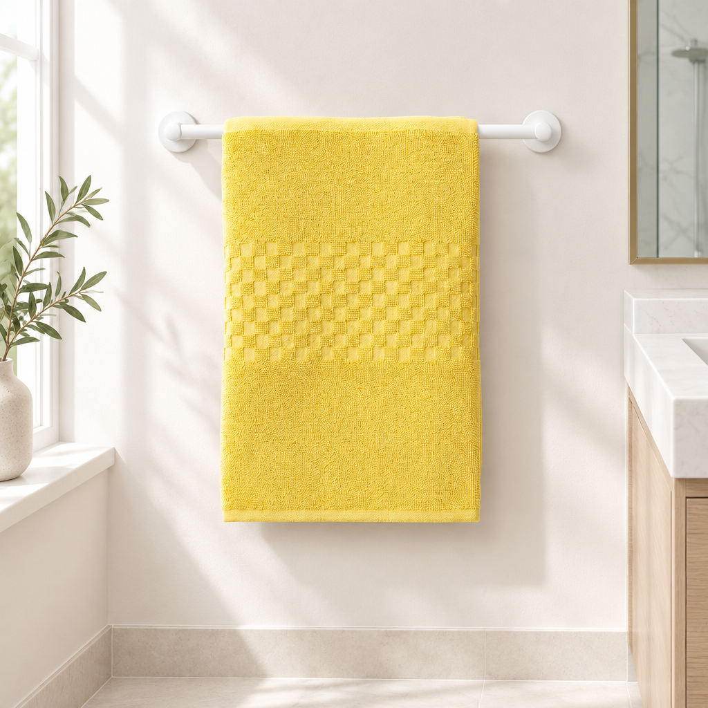 Yellow bath sheet on a towel rail