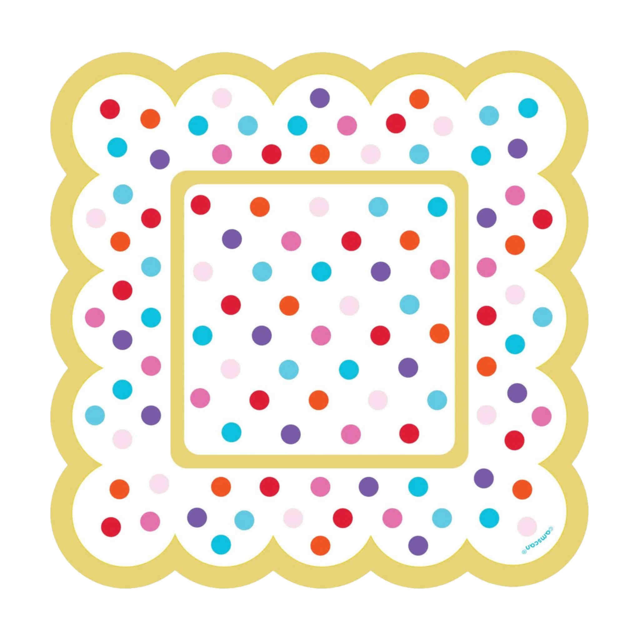 Square Paper Scalloped Plates | Rainbow Polka Dots | 36 Pack | 5.5 inch