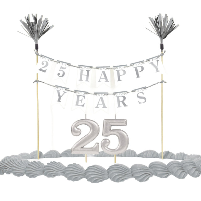 25 Happy Years Silver Anniversary Cake Decoration &amp; Candles